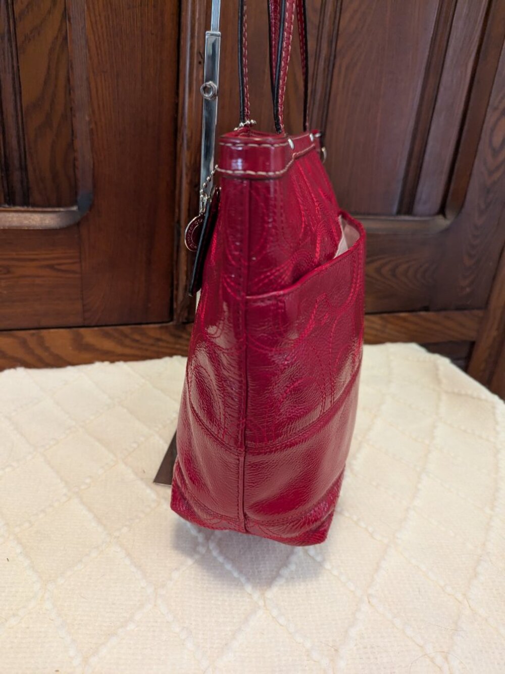 Coach Signature Striped Stitch Red Patent Leather Tote F19198 - Picture 5 of 12